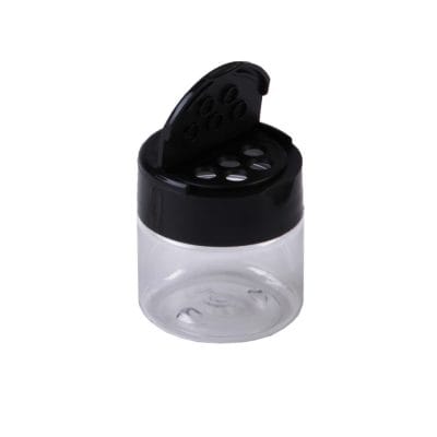 1 oz Plastic Spice Jar - Clear PET w/ 38-400 Black Flapper Cap